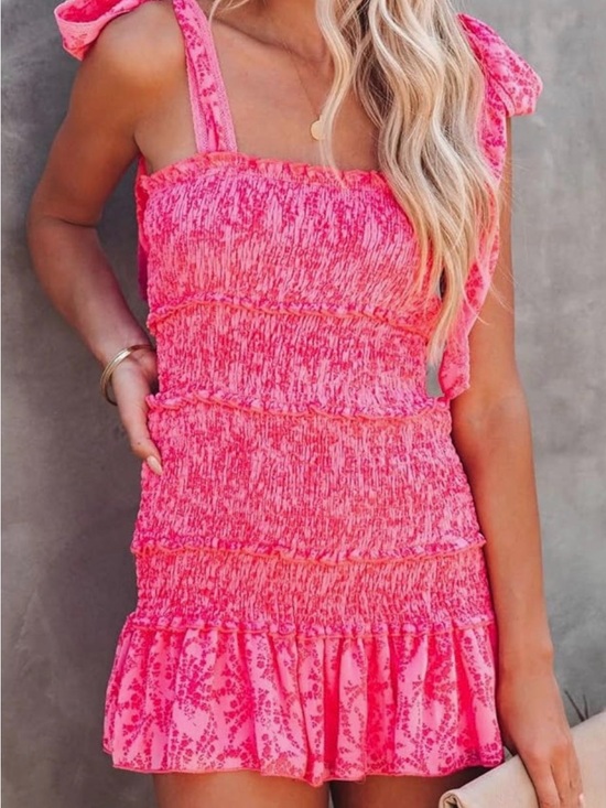Dresses & Skirts - Women's Summer Floral Spaghetti Strap Square Neck Ruffle Tie Mini Smocked Dress